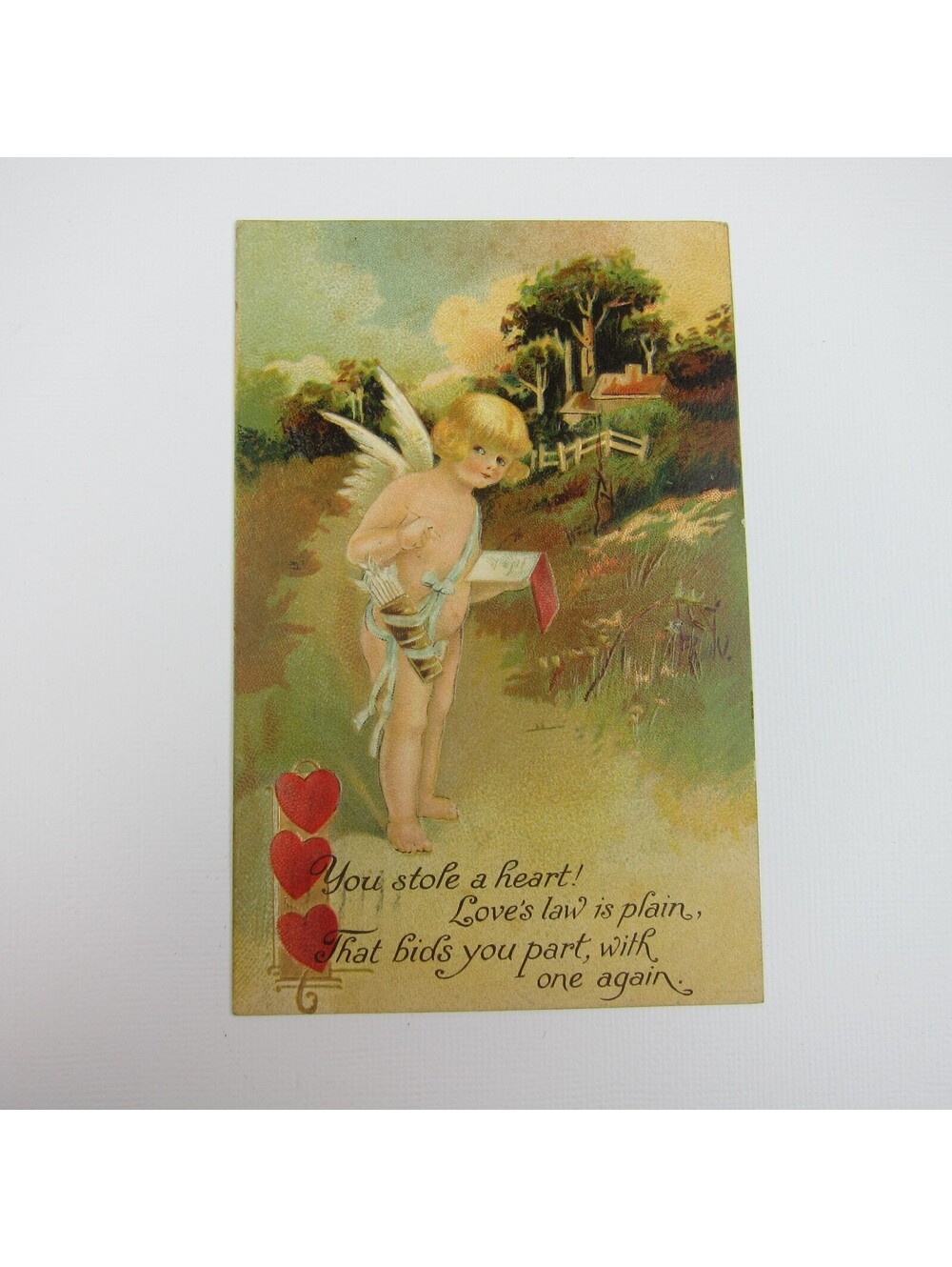 Postcard Valentine Cherub Angel Cupid Meadow House Trees Red Hearts Antique 1911